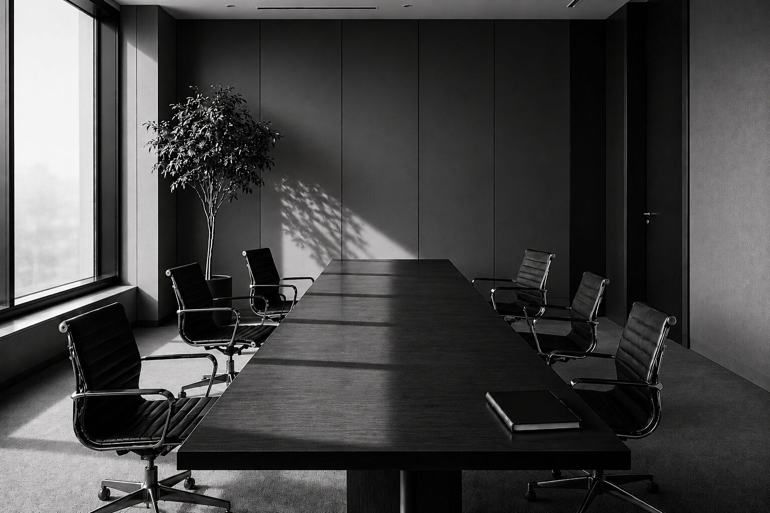 Konferenzraum mit leerem Tisch in monochromer Architektur