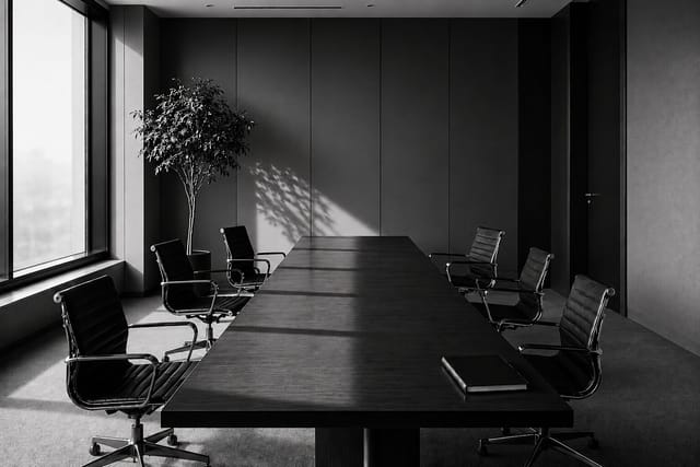 Konferenzraum mit leerem Tisch in monochromer Architektur