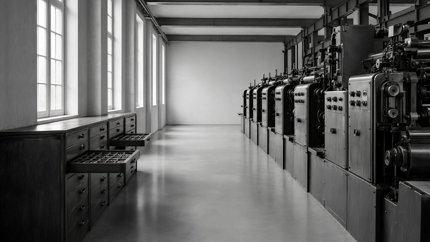 Werkhalle mit Setzkästen und Maschinenreihe in monochromer Architektur