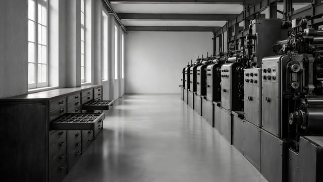 Werkhalle mit Setzkästen und Maschinenreihe in monochromer Architektur